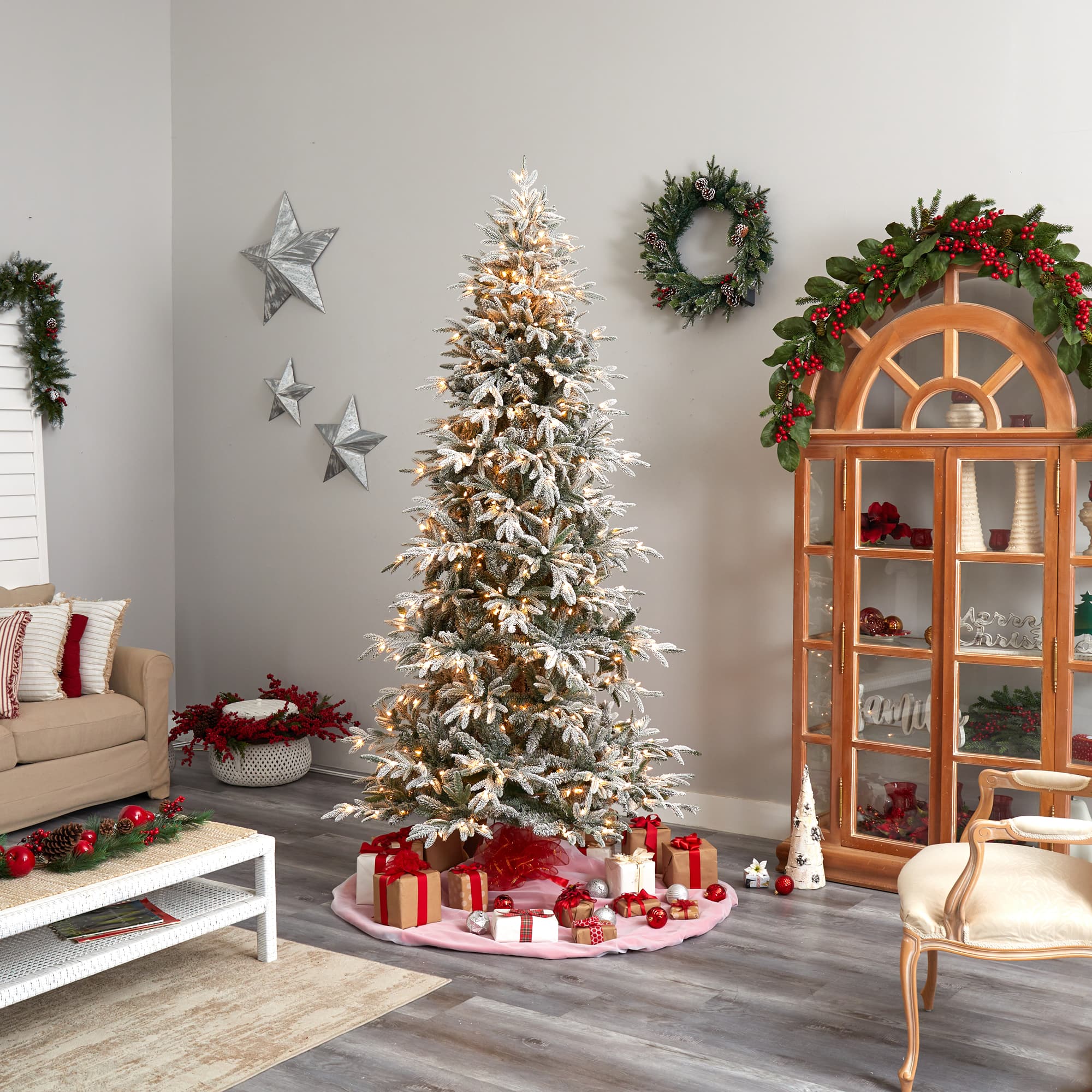 8.5ft. Pre-Lit Flocked Manchester Spruce Artificial Christmas Tree, Warm White Lights